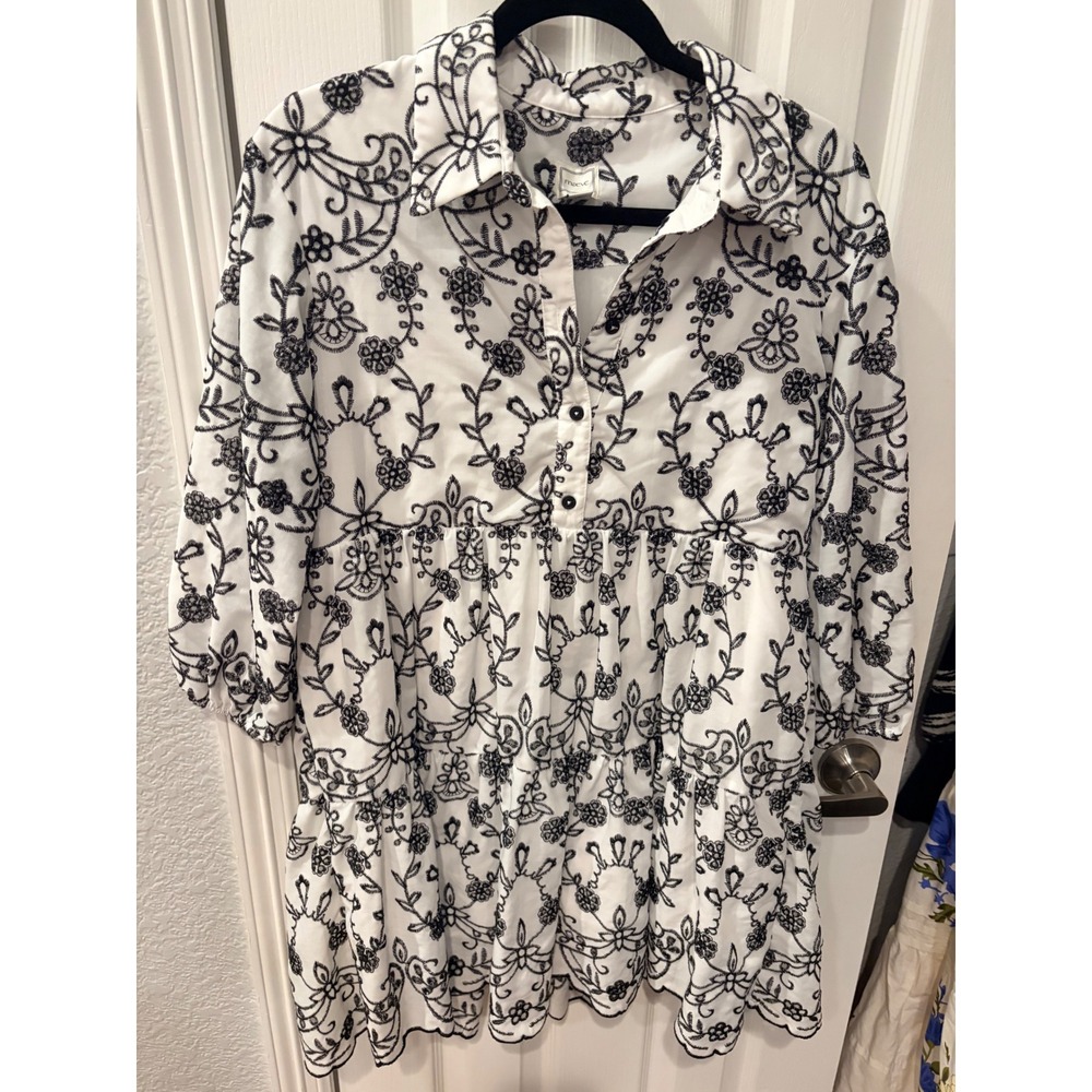 Maeve Shirt Dress White Black Embroidered Tiered Babydoll Anthropologie Mini